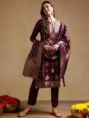 Purple color chanderi silk zari work fancy kurta, bottom and dupatta set 1