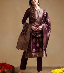 Purple color chanderi silk zari work fancy kurta, bottom and dupatta set