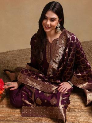 Purple color chanderi silk zari work fancy kurta, bottom and dupatta set 2