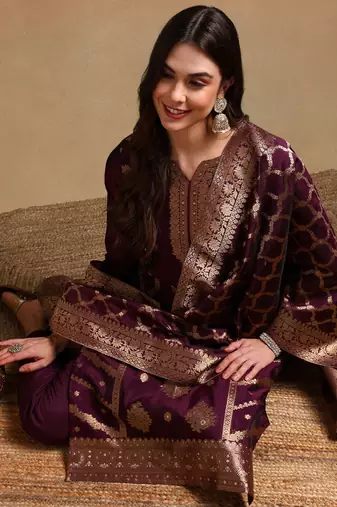 Purple color chanderi silk zari work fancy kurta, bottom and dupatta set