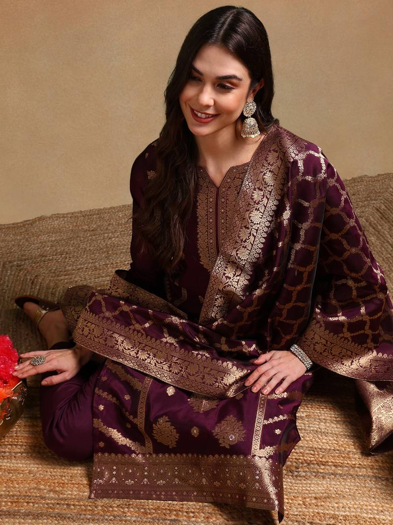 Purple color chanderi silk zari work fancy kurta, bottom and dupatta set