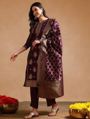 Purple color chanderi silk zari work fancy kurta, bottom and dupatta set 3