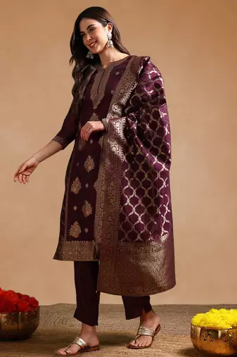 Purple color chanderi silk zari work fancy kurta, bottom and dupatta set