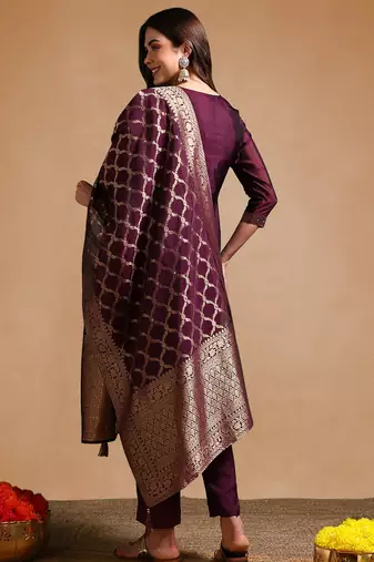 Purple color chanderi silk zari work fancy kurta, bottom and dupatta set