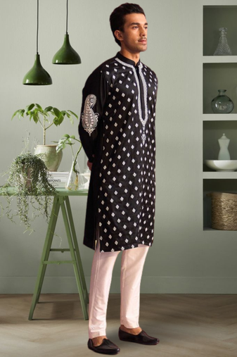 Black art silk kurta pant indian embroidery design for men's