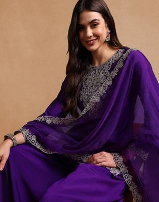 Purple color silk blend zari work fancy kurta, bottom and dupatta set 1