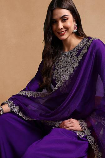 Purple color silk blend zari work fancy kurta, bottom and dupatta set