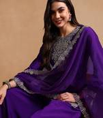 Purple color silk blend zari work fancy kurta, bottom and dupatta set