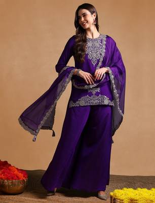 Purple color silk blend zari work fancy kurta, bottom and dupatta set 2