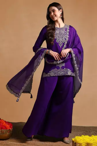 Purple color silk blend zari work fancy kurta, bottom and dupatta set