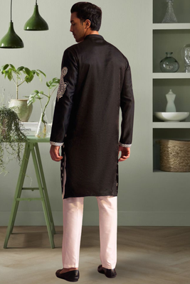Black art silk kurta pant indian embroidery design for men's 2