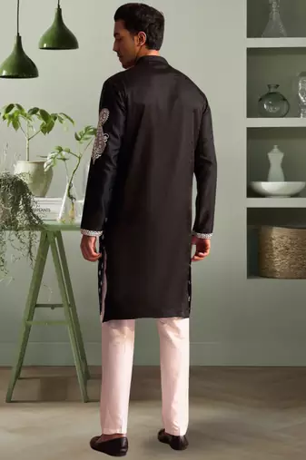 Black art silk kurta pant indian embroidery design for men's