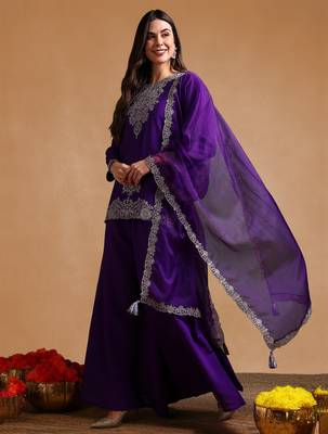 Purple color silk blend zari work fancy kurta, bottom and dupatta set 3