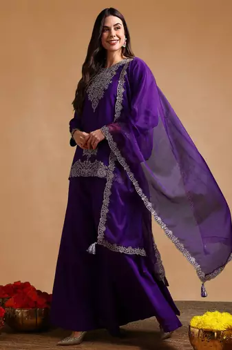 Purple color silk blend zari work fancy kurta, bottom and dupatta set