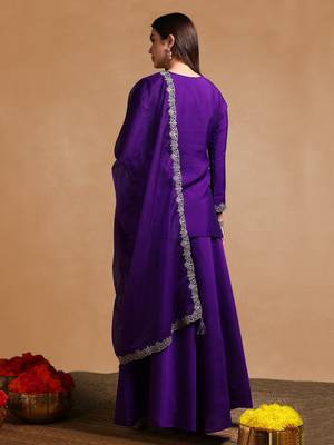 Purple color silk blend zari work fancy kurta, bottom and dupatta set 4