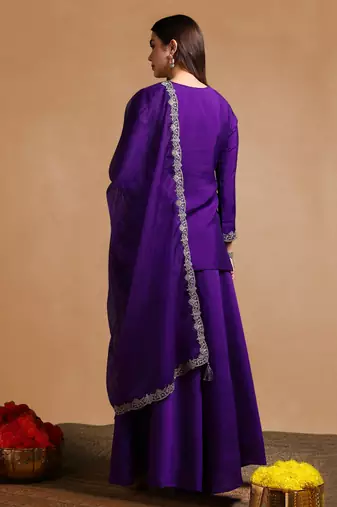 Purple color silk blend zari work fancy kurta, bottom and dupatta set