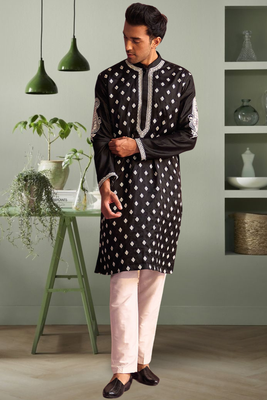 Black art silk kurta pant indian embroidery design for men's 3