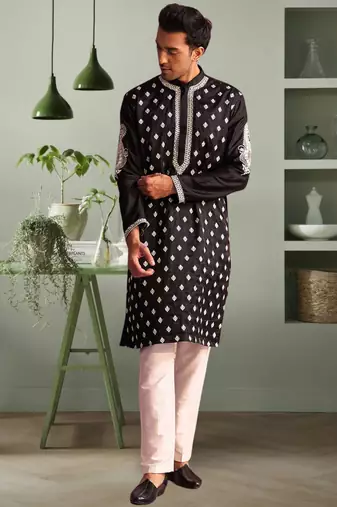 Black art silk kurta pant indian embroidery design for men's