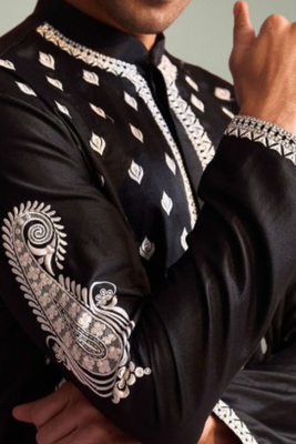 Black art silk kurta pant indian embroidery design for men's 4