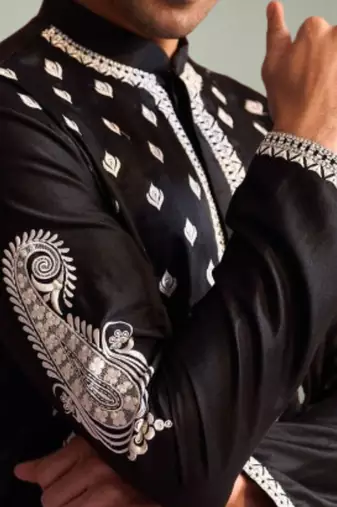 Black art silk kurta pant indian embroidery design for men's