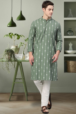 Pista green art silk printed kurta pyjama for men's 1