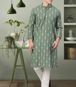 Pista green art silk printed kurta pyjama for men's