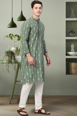 Pista green art silk printed kurta pyjama for men's 2