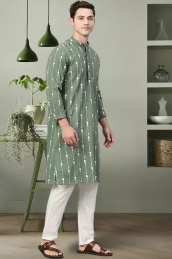 Pista green art silk printed kurta pyjama for men's