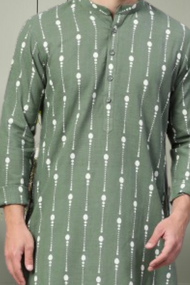 Pista green art silk printed kurta pyjama for men's 3