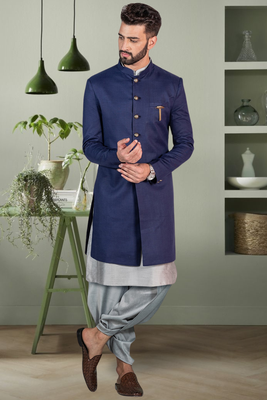 Navy blue faux cotton jodhpuri grey kurta patiyala for men's 1