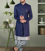 Navy blue faux cotton jodhpuri grey kurta patiyala for men's