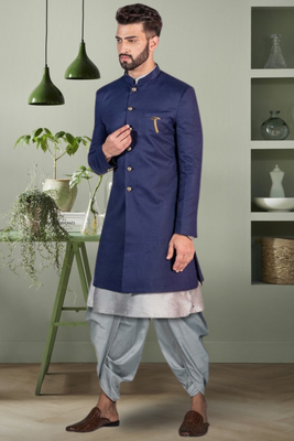 Navy blue faux cotton jodhpuri grey kurta patiyala for men's 2