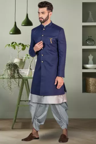 Navy blue faux cotton jodhpuri grey kurta patiyala for men's