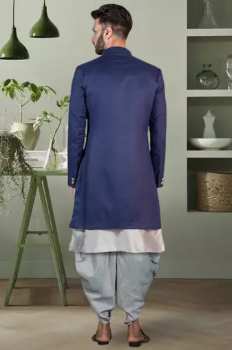 Navy blue faux cotton jodhpuri grey kurta patiyala for men's