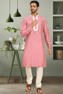 Light pink art silk embroidery kurta pyjama for mens 1