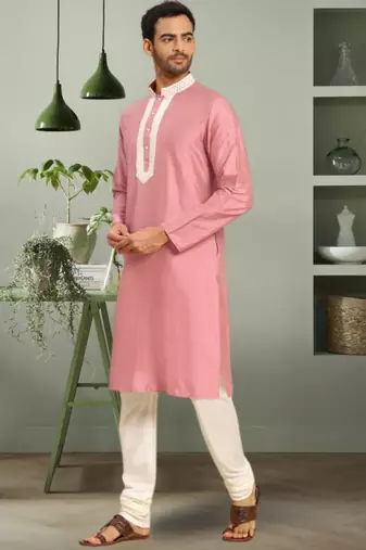 Light pink art silk embroidery kurta pyjama for mens