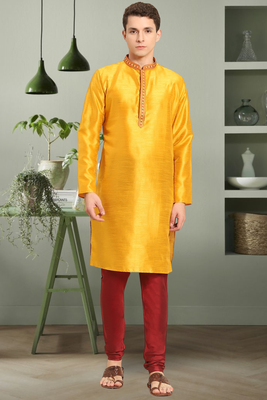 Yellow art silk embroidery beautiful design kurta pyjama for men's 1
