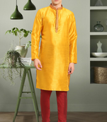 Yellow art silk embroidery beautiful design kurta pyjama for men's