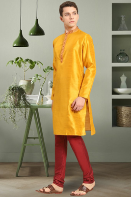 Yellow art silk embroidery beautiful design kurta pyjama for men's 2