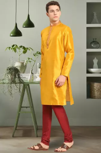 Yellow art silk embroidery beautiful design kurta pyjama for men's