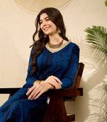 women navy blue rayon blend abstract printed tunic with trouser coord sets