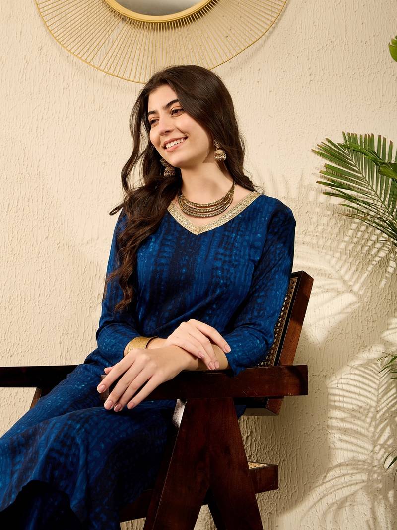 women navy blue rayon blend abstract printed tunic with trouser coord sets