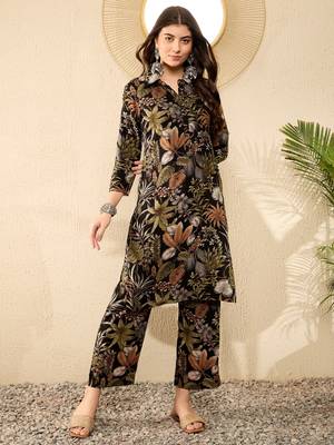 women black rayon blend floral printed tunic with palazzo coord sets 1