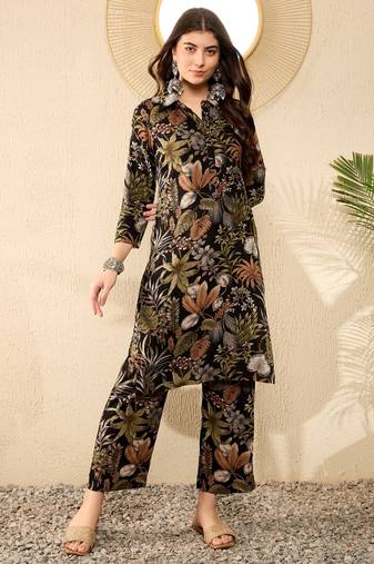 women black rayon blend floral printed tunic with palazzo coord sets