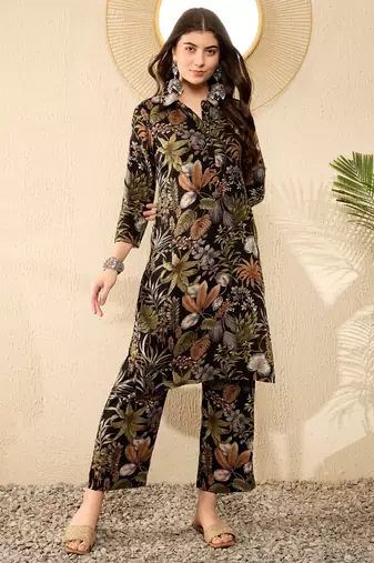 women black rayon blend floral printed tunic with palazzo coord sets