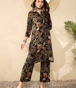 women black rayon blend floral printed tunic with palazzo coord sets