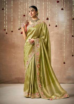Organza silk blend embroidered saree in green 1