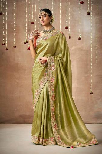 Organza silk embroidered bollywood saree in green