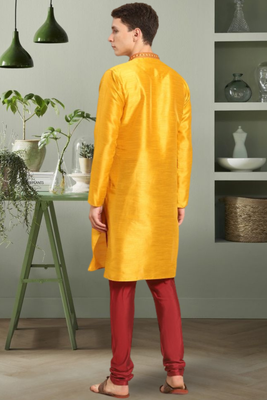 Yellow art silk embroidery beautiful design kurta pyjama for men's 3