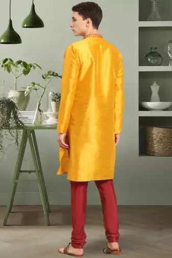 Yellow art silk embroidery beautiful design kurta pyjama for men's